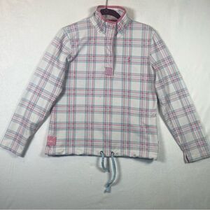 Joules Plaid Pink White Teal Long Sleeve Stand Up Collar 1/4 Button Up Size 8